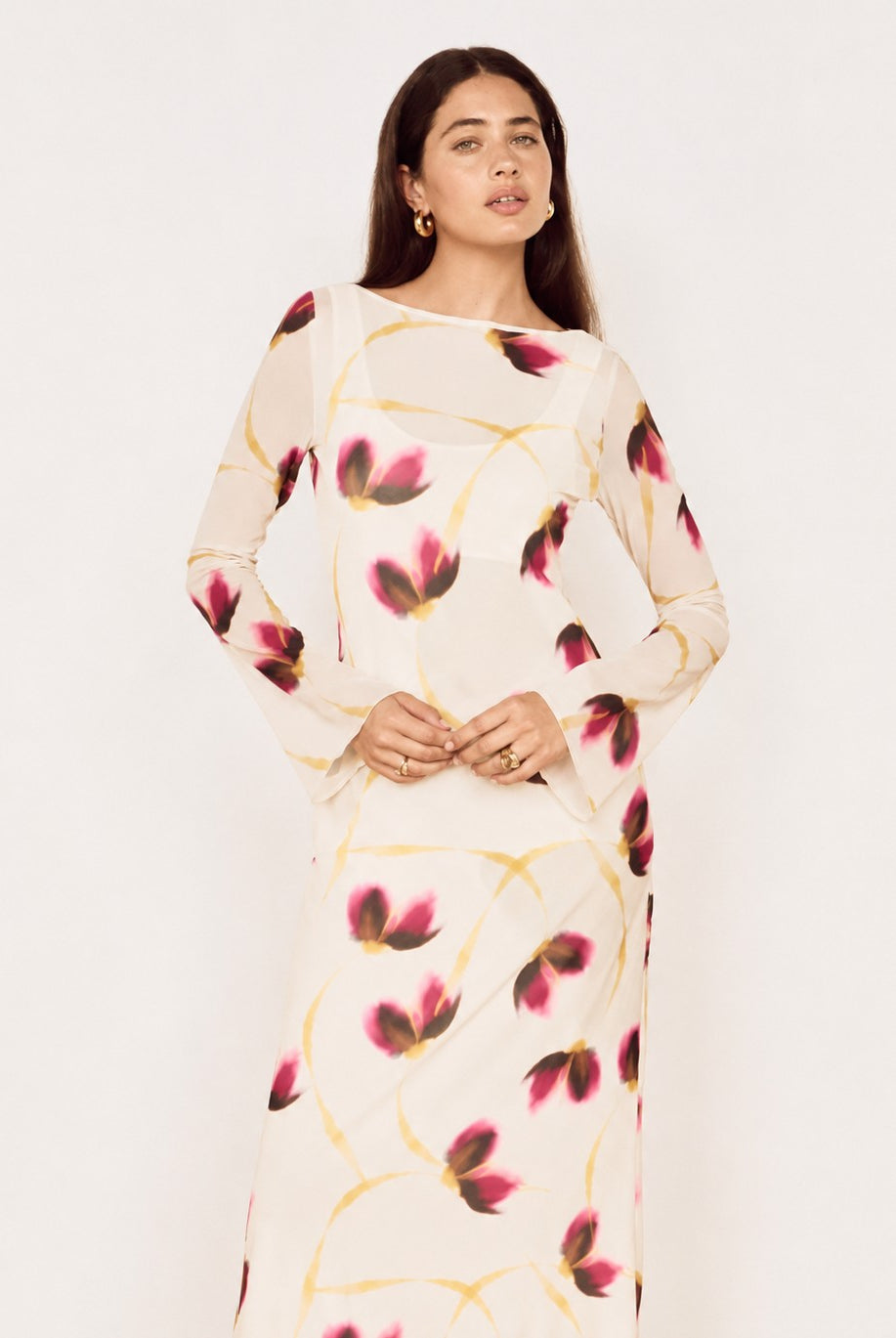 MINKPINK Emery Mesh Sleeved Midi Dress – Floral-Midi Dresses-MINKPINK-Deja Nu Boutique, Women's Fashion Boutique in Lampasas, Texas