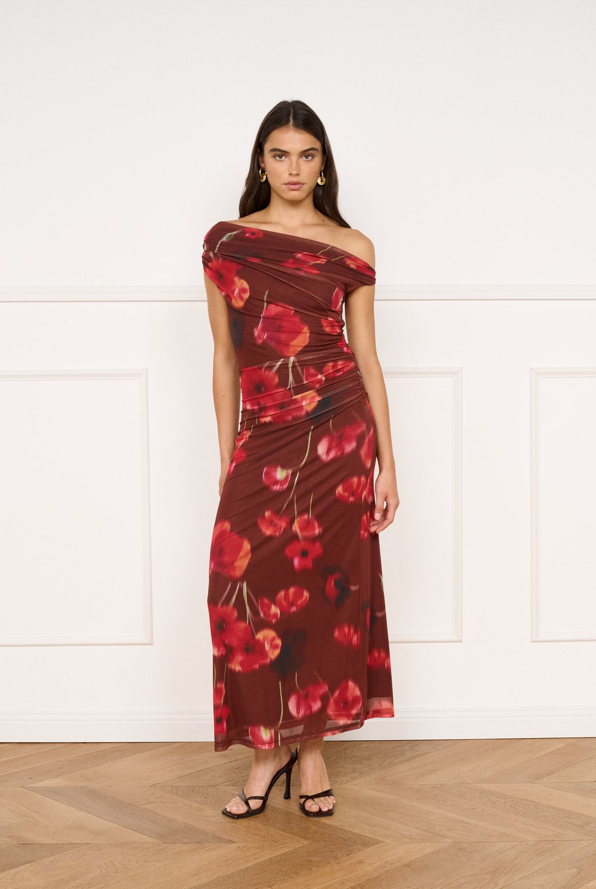 MINKPINK Frida Red Poppy Print Off Shoulder Mesh Maxi Dress-Maxi Dresses-MINKPINK-Deja Nu Boutique, Women's Fashion Boutique in Lampasas, Texas