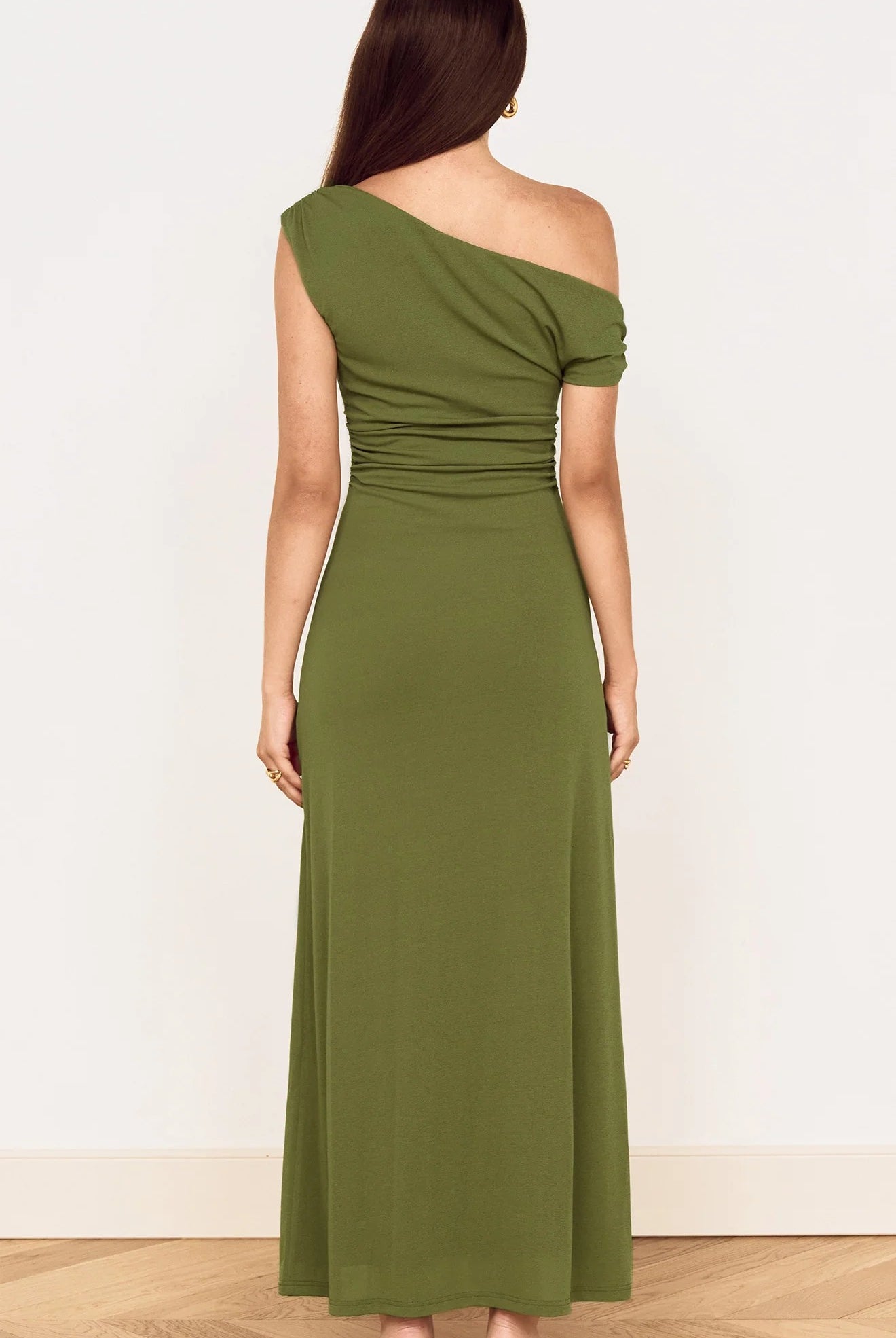 MINKPINK Green One Shoulder Mesh Midi Dress in Khaki-Maxi Dresses-MINKPINK-Deja Nu Boutique, Women's Fashion Boutique in Lampasas, Texas