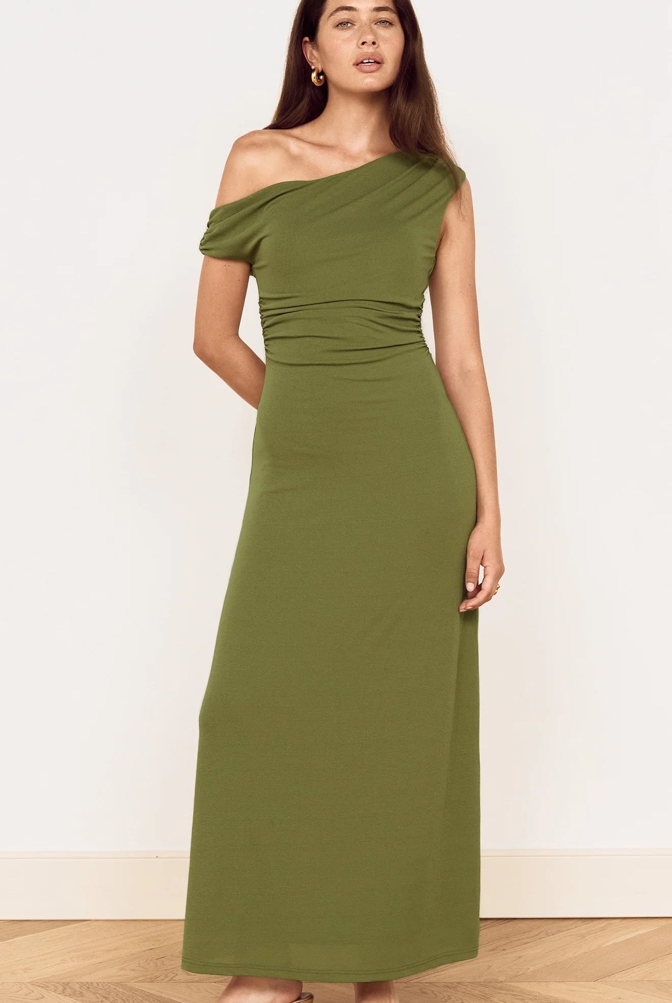 MINKPINK Green One Shoulder Mesh Midi Dress in Khaki-Maxi Dresses-MINKPINK-Deja Nu Boutique, Women's Fashion Boutique in Lampasas, Texas