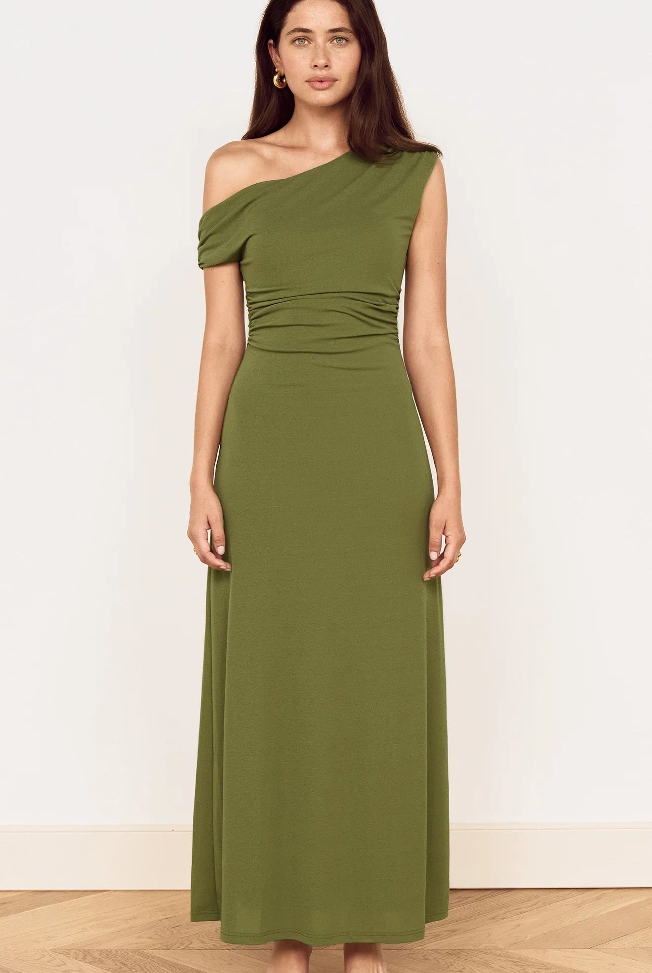 MINKPINK Green One Shoulder Mesh Midi Dress in Khaki-Maxi Dresses-MINKPINK-Deja Nu Boutique, Women's Fashion Boutique in Lampasas, Texas