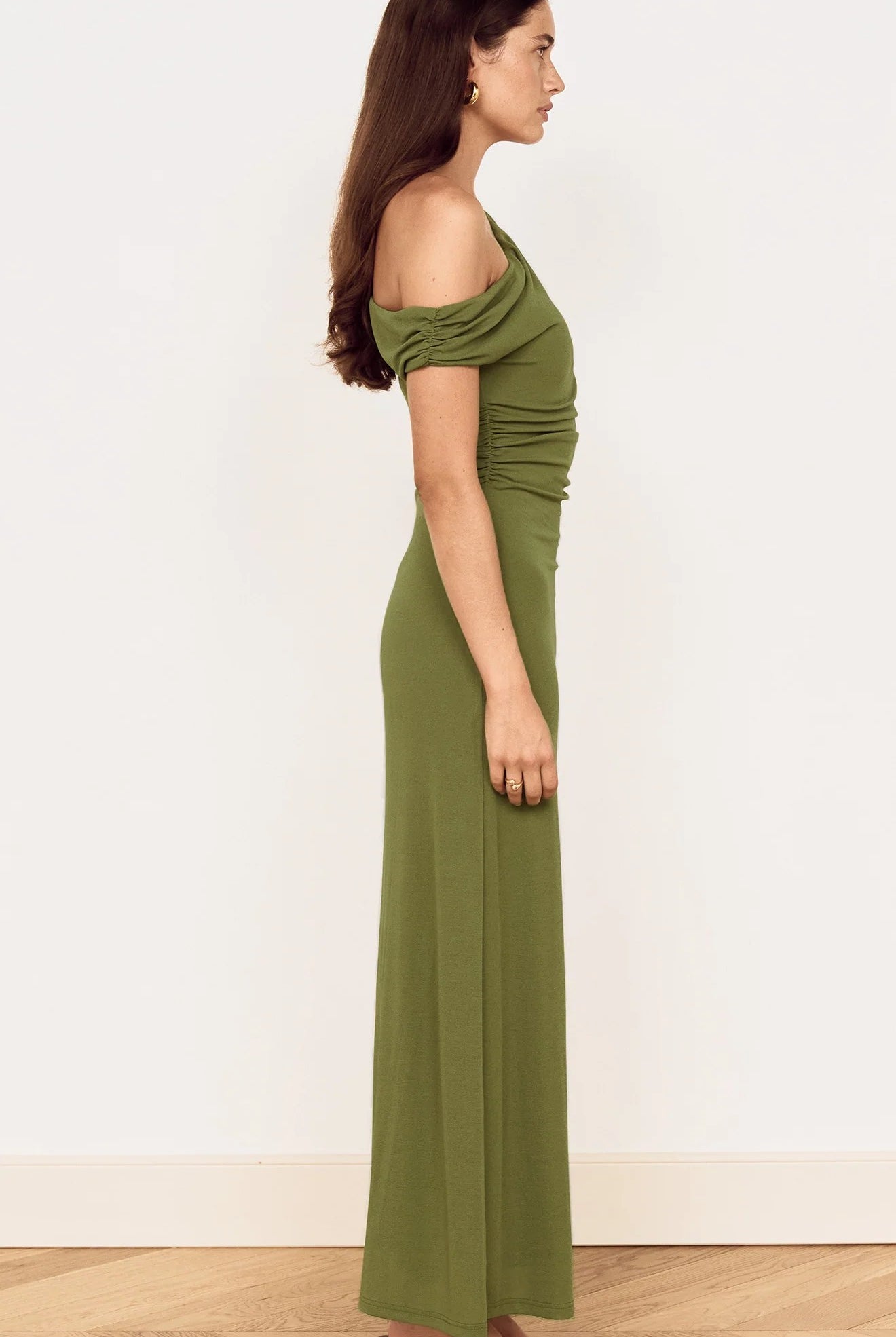 MINKPINK Green One Shoulder Mesh Midi Dress in Khaki-Maxi Dresses-MINKPINK-Deja Nu Boutique, Women's Fashion Boutique in Lampasas, Texas