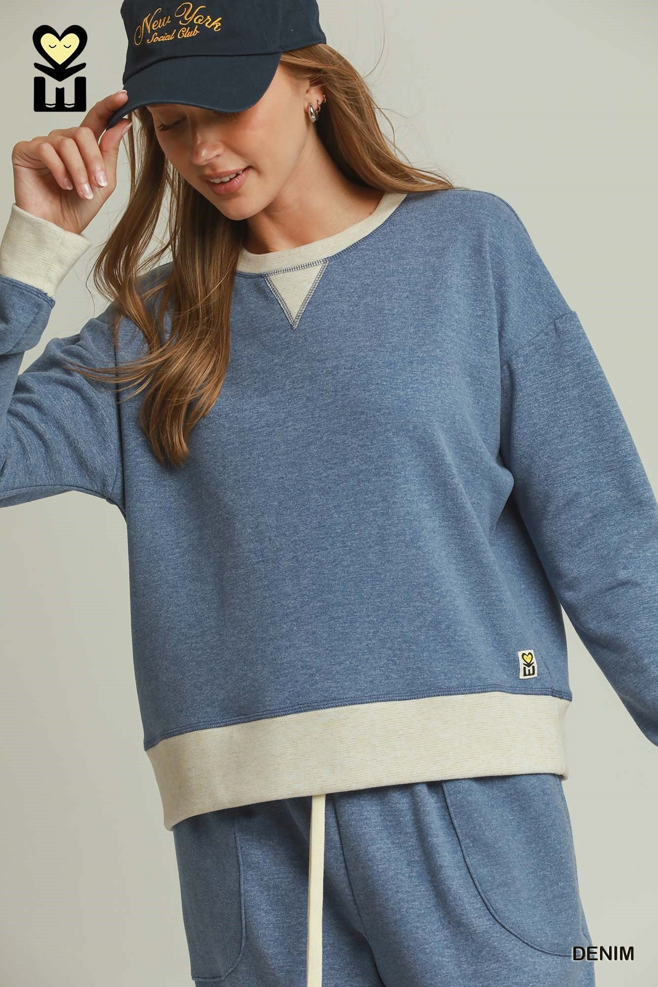 Umgee DreamPlush Fleece Contrast Banded Pullover in Denim-sweatshirt-Umgee-Deja Nu Boutique, Women's Fashion Boutique in Lampasas, Texas