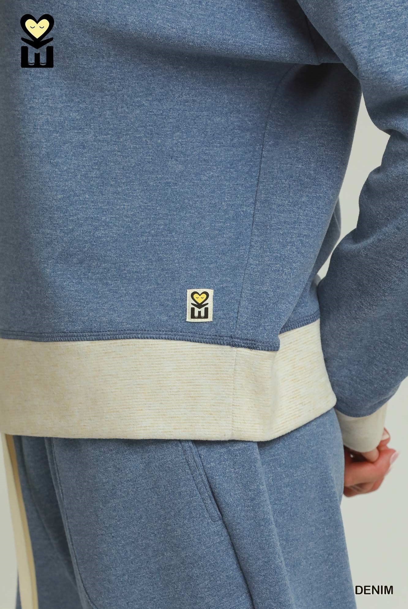 Umgee DreamPlush Fleece Contrast Banded Pullover in Denim-sweatshirt-Umgee-Deja Nu Boutique, Women's Fashion Boutique in Lampasas, Texas
