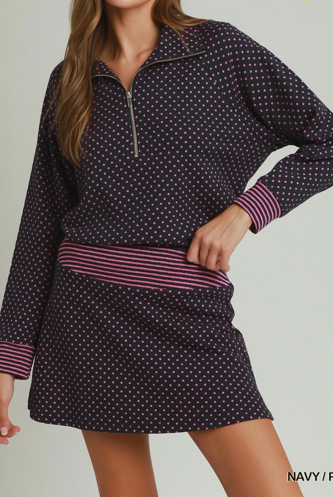 MOHMe by Umgee Navy Pink Polka Dot Half Zip Pullover-sweatshirt-Umgee-Deja Nu Boutique, Women's Fashion Boutique in Lampasas, Texas