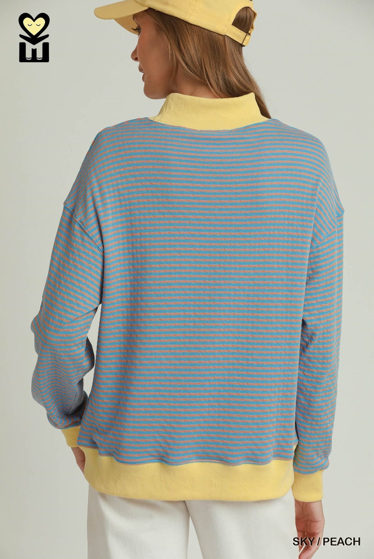 MOHMe by Umgee Reversible Stripe & Polka Dot Pullover – Sky/Peach-sweatshirt-Umgee-Deja Nu Boutique, Women's Fashion Boutique in Lampasas, Texas