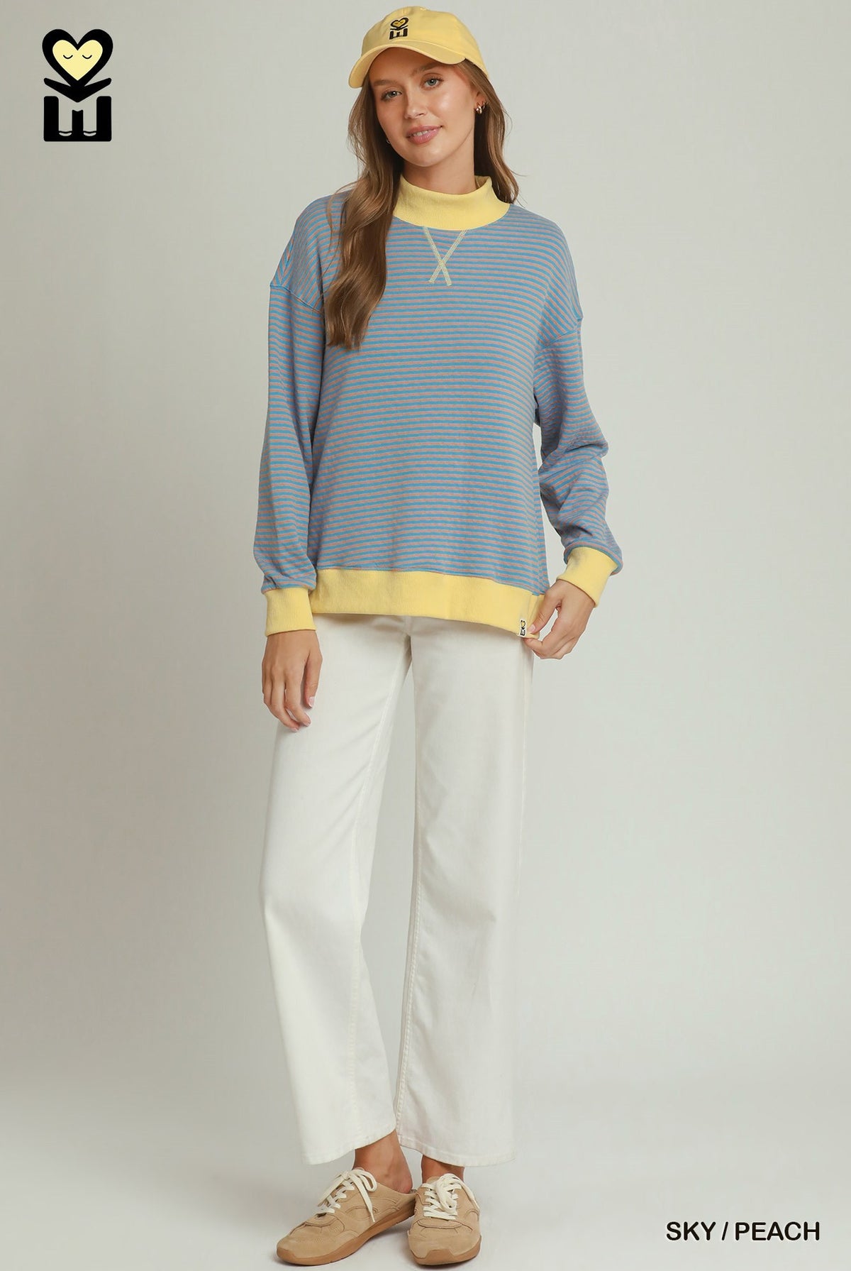 MOHMe by Umgee Reversible Stripe & Polka Dot Pullover – Sky/Peach-sweatshirt-Umgee-Deja Nu Boutique, Women's Fashion Boutique in Lampasas, Texas
