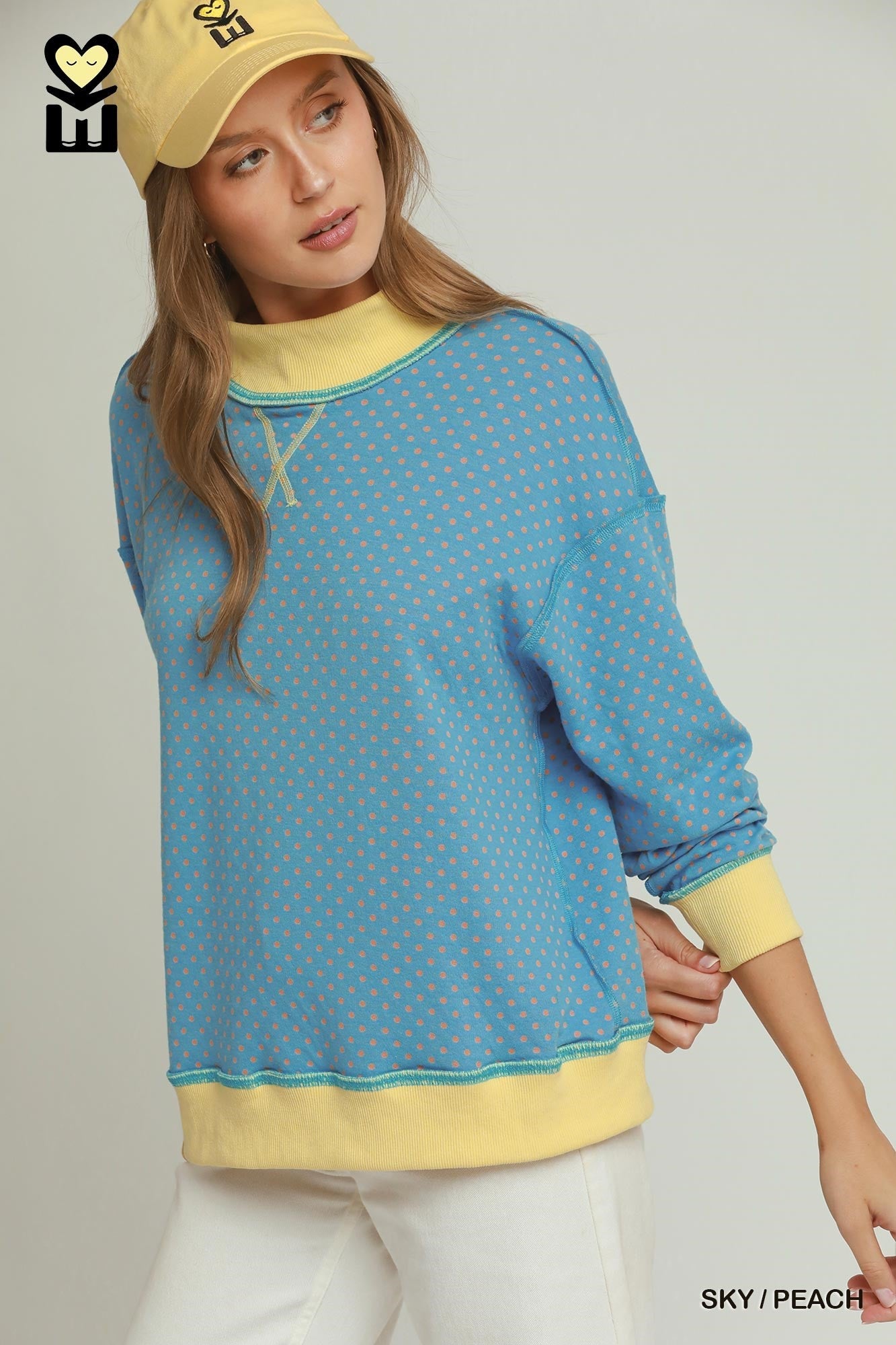 MOHMe by Umgee Reversible Stripe & Polka Dot Pullover – Sky/Peach-sweatshirt-Umgee-Deja Nu Boutique, Women's Fashion Boutique in Lampasas, Texas