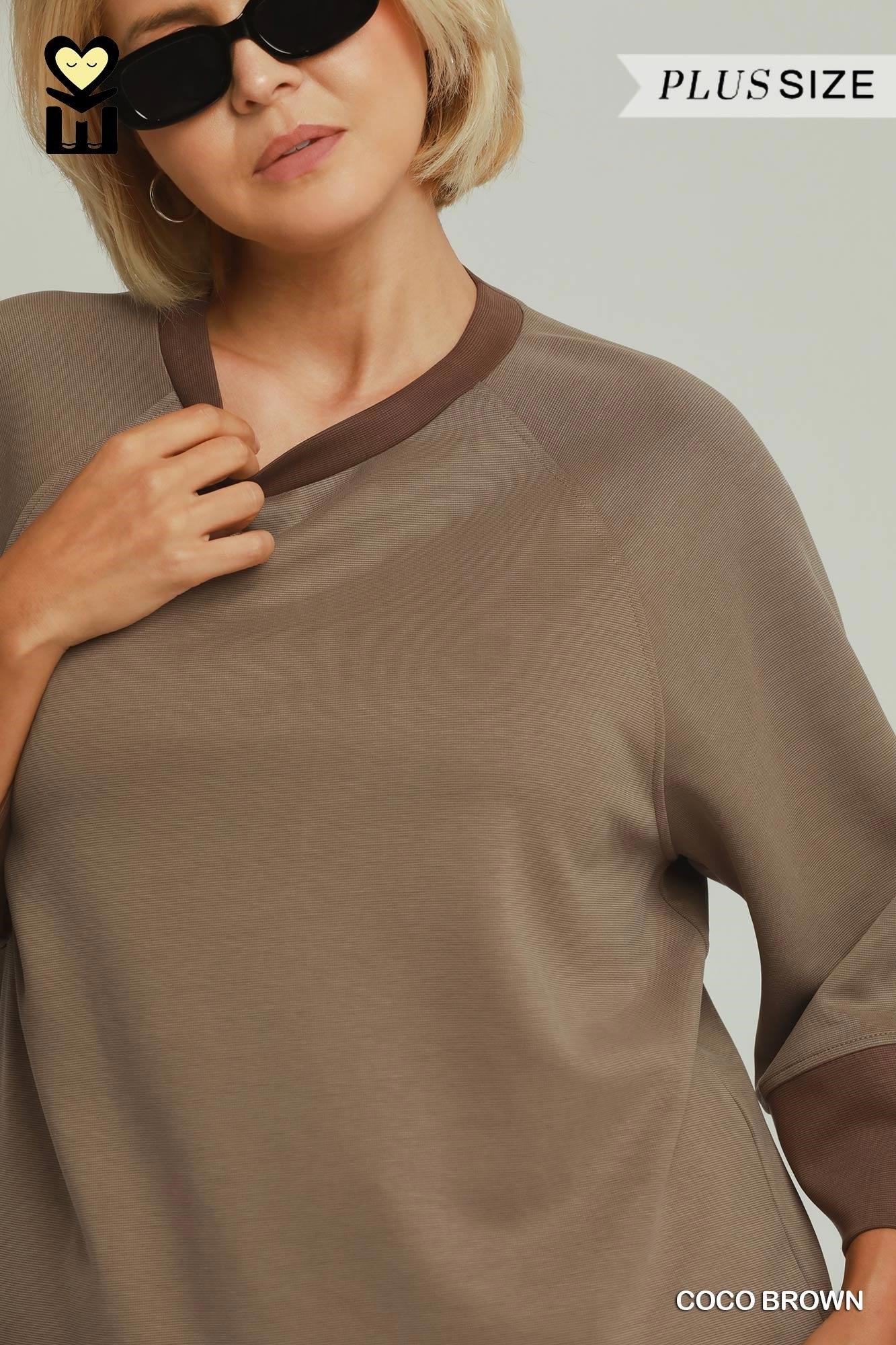 MOHMe by Umgee CloudKnit Modal Tencel Colorblock Crewneck Top in Coco Brown Plus-Curvy/Plus Tops-Umgee-Deja Nu Boutique, Women's Fashion Boutique in Lampasas, Texas