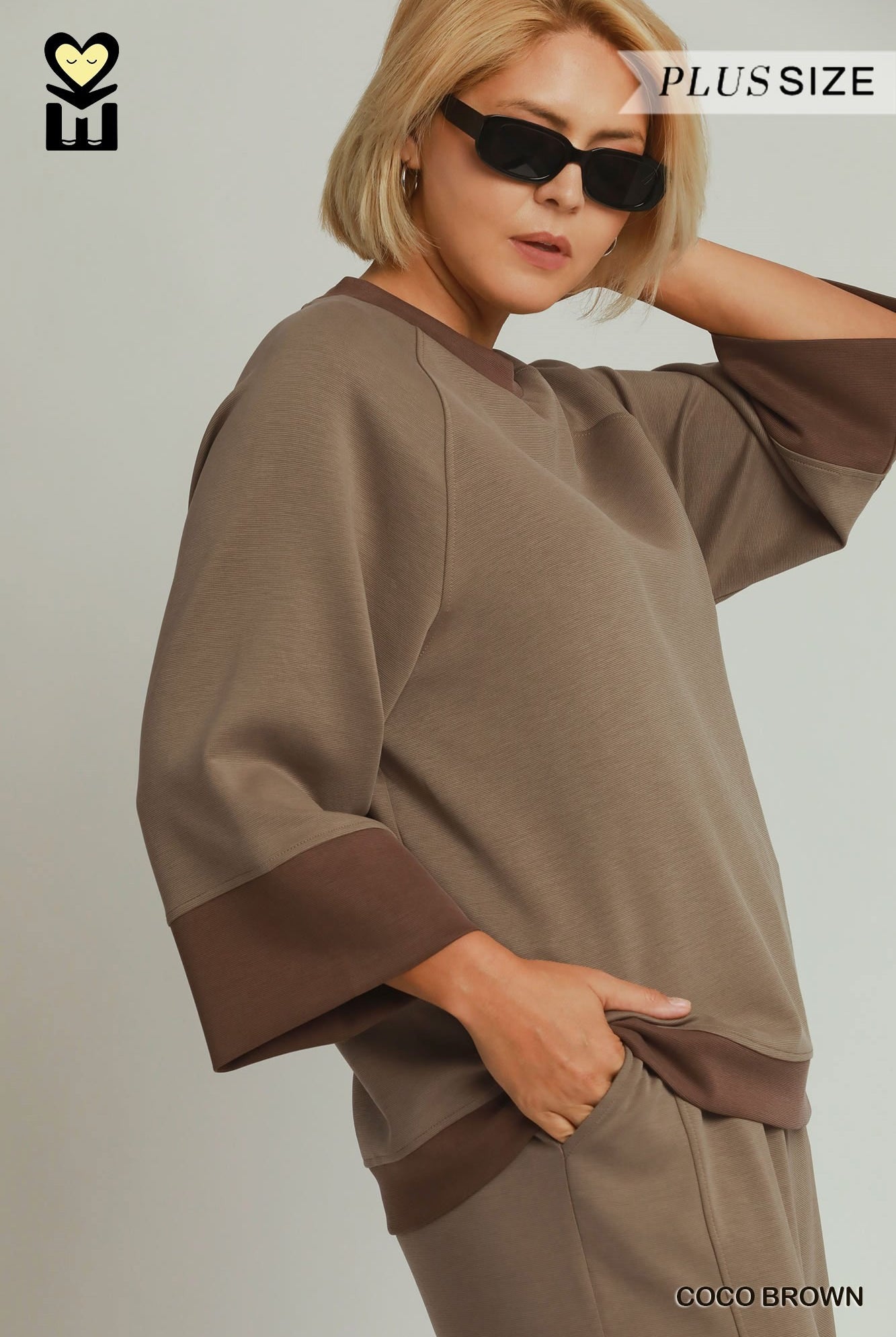 MOHMe by Umgee CloudKnit Modal Tencel Colorblock Crewneck Top in Coco Brown Plus-Curvy/Plus Tops-Umgee-Deja Nu Boutique, Women's Fashion Boutique in Lampasas, Texas