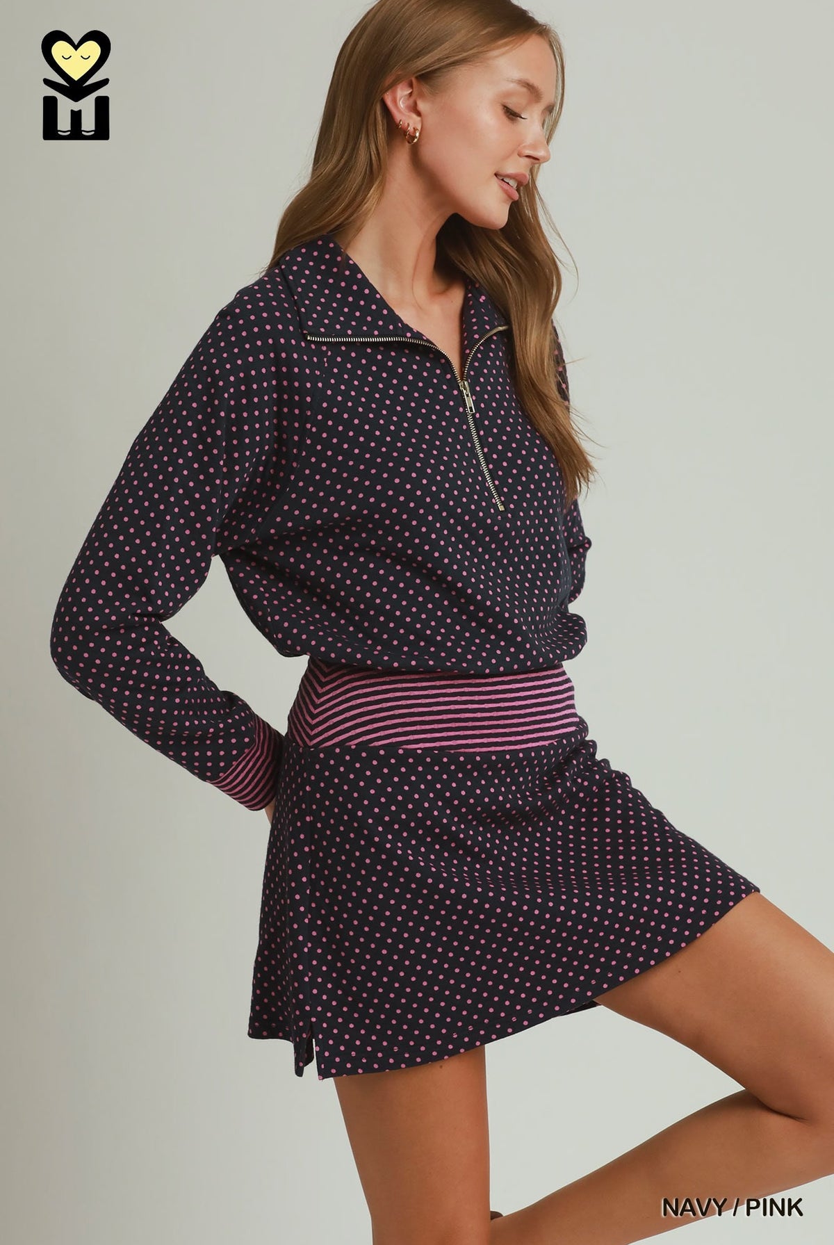 MOHMe by Umgee Navy & Pink Polka Dot Stripe-Waistband Skort-skort-Umgee-Deja Nu Boutique, Women's Fashion Boutique in Lampasas, Texas