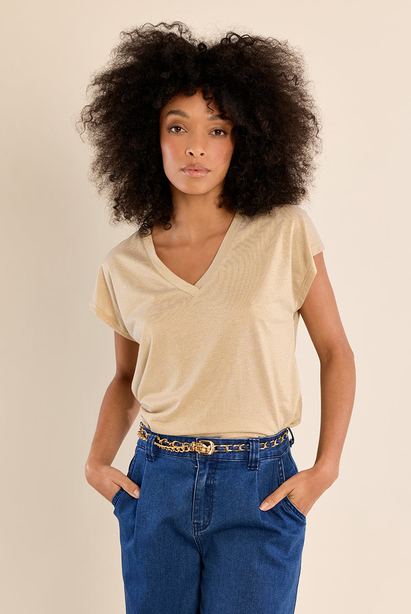Molly Bracken Shimmer V-Neck Knit Tee in Beige & Silver-T-Shirts-Molly Bracken-Deja Nu Boutique, Women's Fashion Boutique in Lampasas, Texas