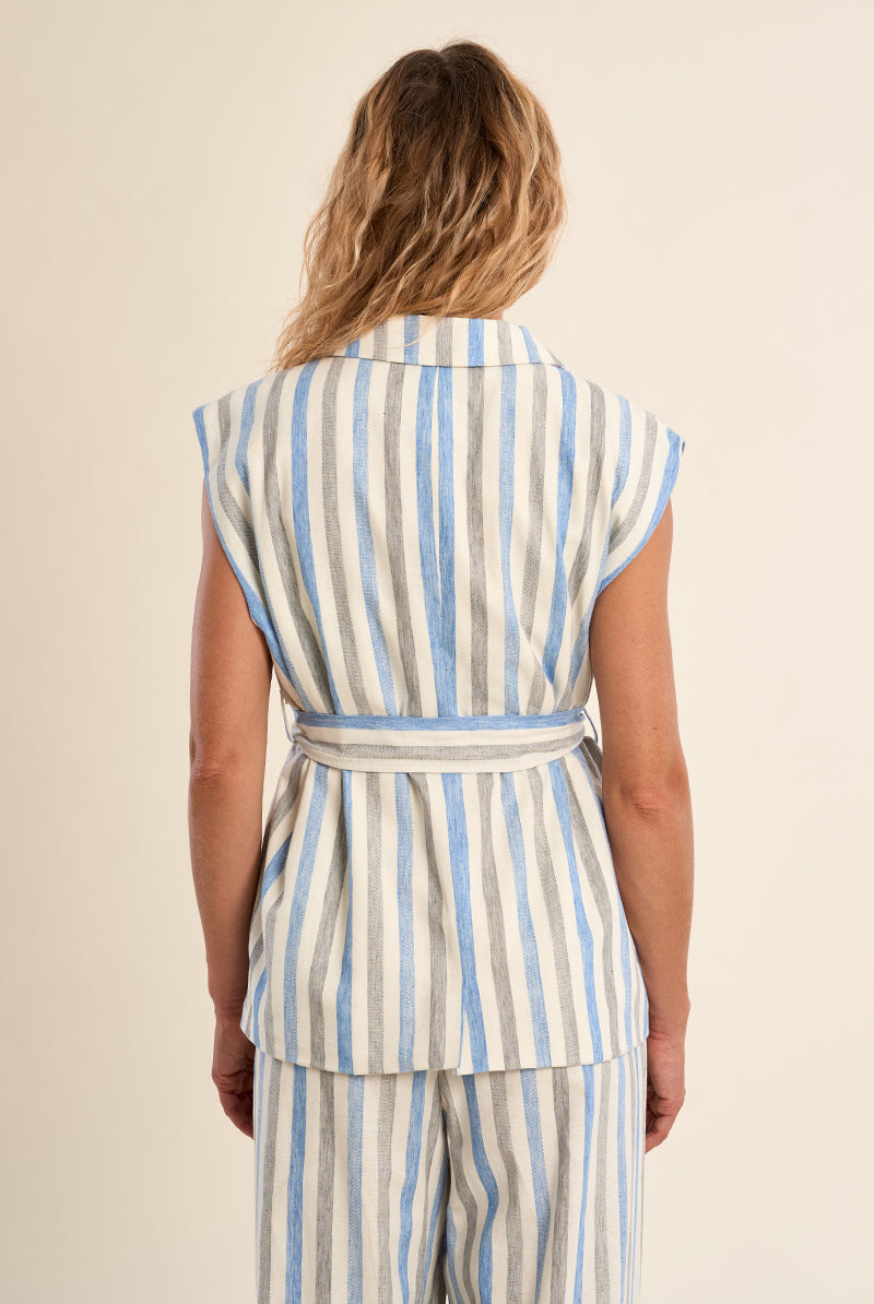 Molly Bracken Blue Striped Linen Blend Sleeveless Blazer Vest-Vest-Molly Bracken-Deja Nu Boutique, Women's Fashion Boutique in Lampasas, Texas