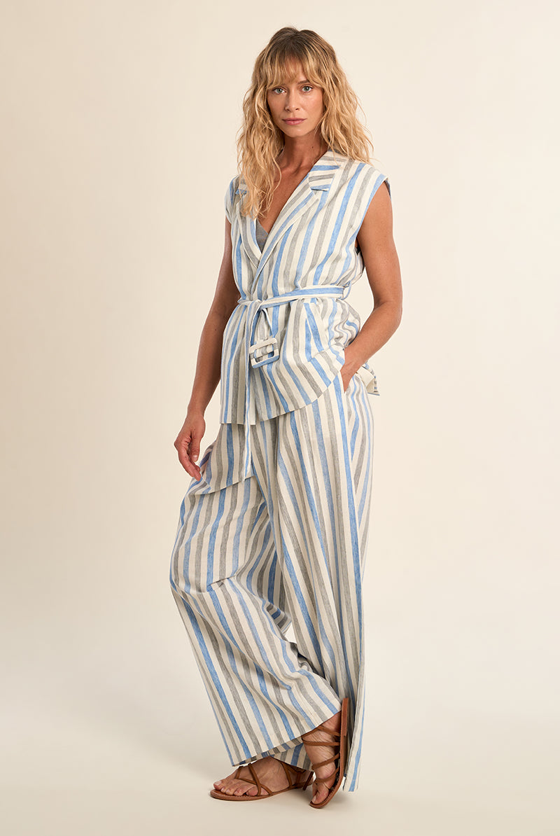Molly Bracken Blue Striped Linen Blend Wide Leg Pants-Pants-Molly Bracken-Deja Nu Boutique, Women's Fashion Boutique in Lampasas, Texas