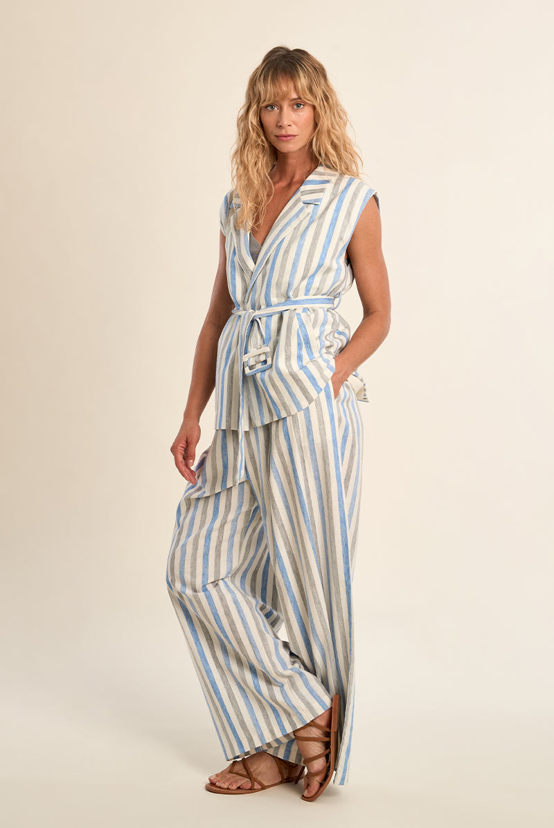 Molly Bracken Blue Striped Linen Blend Sleeveless Blazer Vest-Vest-Molly Bracken-Deja Nu Boutique, Women's Fashion Boutique in Lampasas, Texas