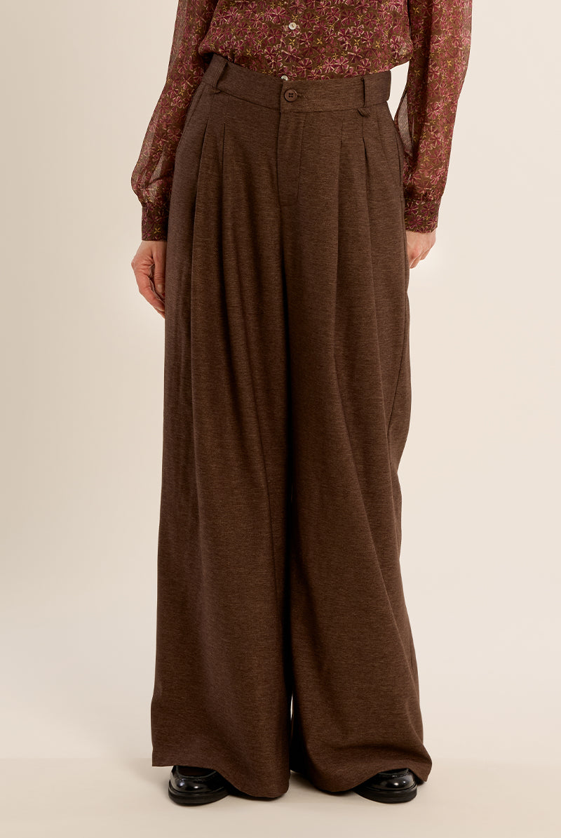 Molly Bracken Chocolate Pleated Wide Leg Trousers – Style TF128EH-Bottoms-Molly Bracken-Deja Nu Boutique, Women's Fashion Boutique in Lampasas, Texas