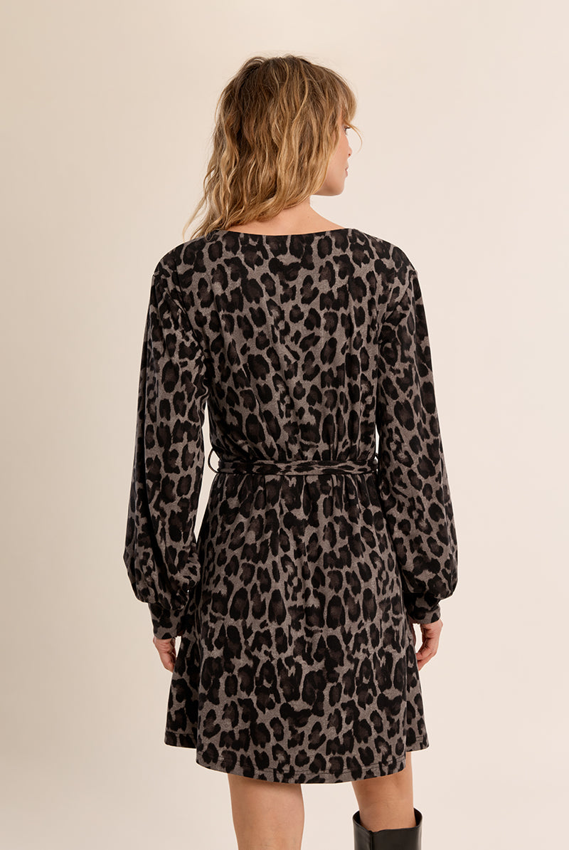 Molly Bracken Dark Grey Leopard Belted Mini Dress-mini dress-Molly Bracken-Deja Nu Boutique, Women's Fashion Boutique in Lampasas, Texas