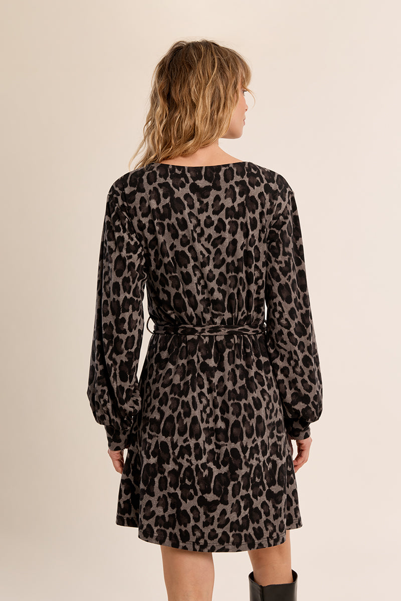 Molly Bracken Dark Grey Leopard Belted Mini Dress-mini dress-Molly Bracken-Deja Nu Boutique, Women's Fashion Boutique in Lampasas, Texas