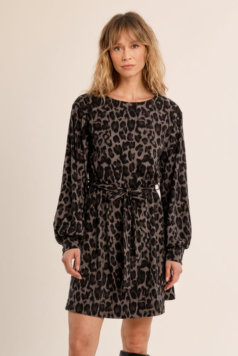 Molly Bracken Dark Grey Leopard Belted Mini Dress-mini dress-Molly Bracken-Deja Nu Boutique, Women's Fashion Boutique in Lampasas, Texas