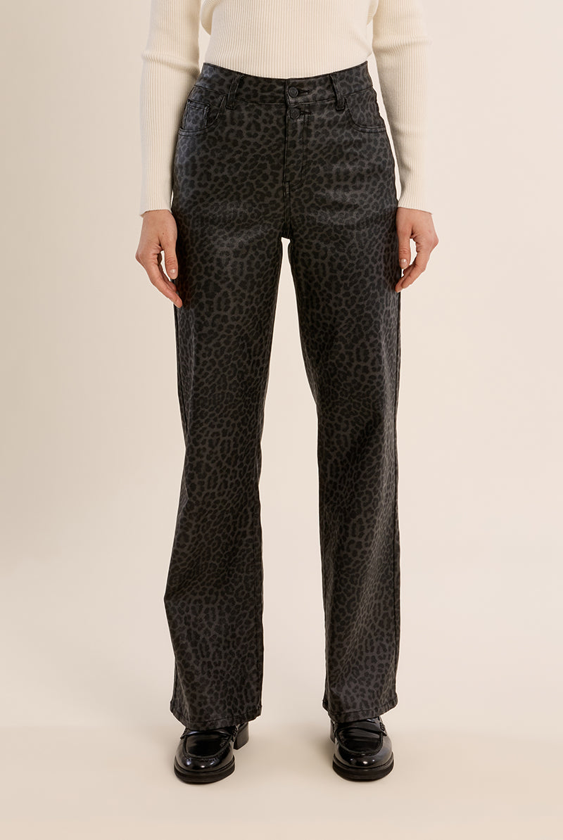 Molly Bracken Grey Leopard Coated Wide Leg Pants – Style E1698BEH-Jeans-Molly Bracken-Deja Nu Boutique, Women's Fashion Boutique in Lampasas, Texas