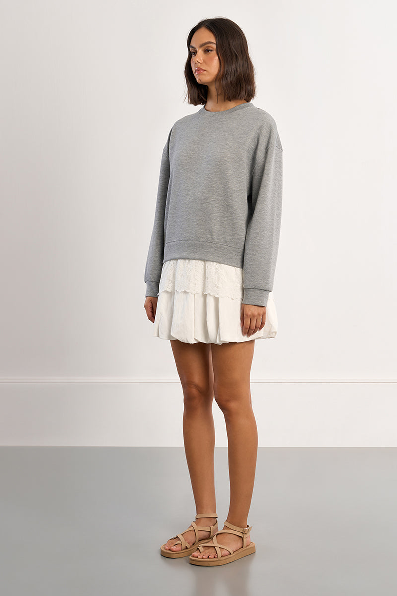 Molly Bracken Lili Sidonio Grey Lace Hem Oversized Sweatshirt-Sweaters-Molly Bracken-Deja Nu Boutique, Women's Fashion Boutique in Lampasas, Texas