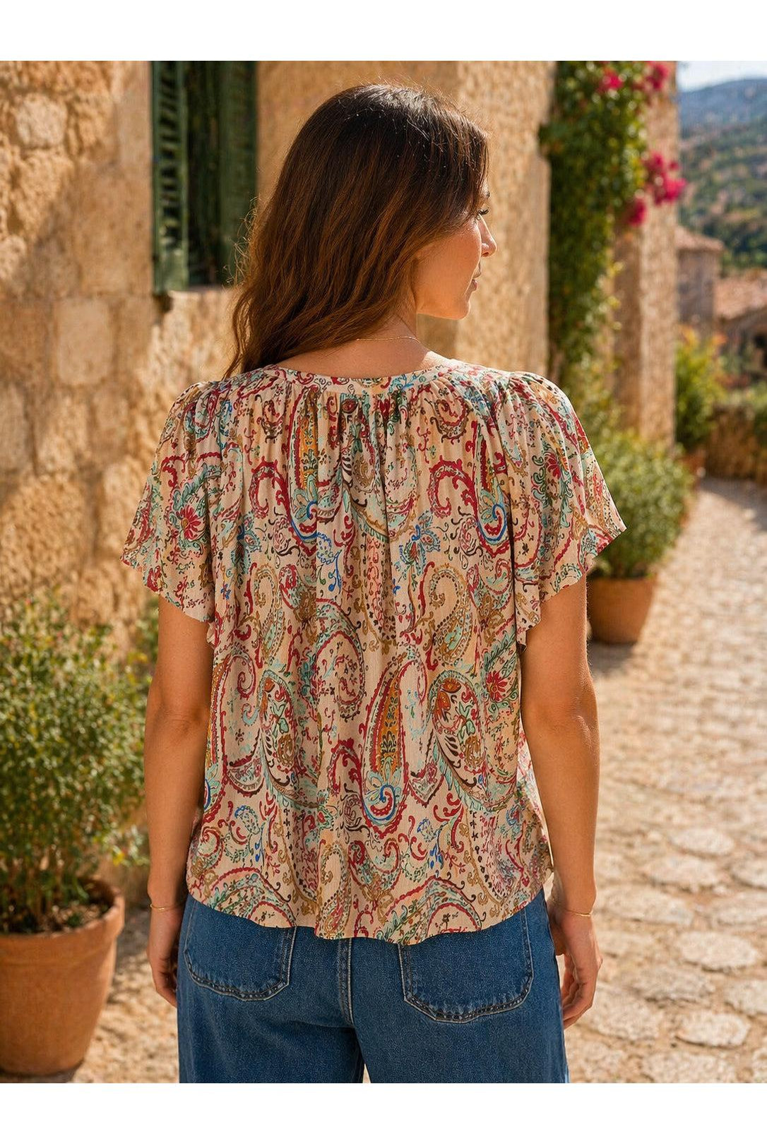 Molly Bracken Off-White Paola Paisley Flutter Sleeve Blouse-Tops-Molly Bracken-Deja Nu Boutique, Women's Fashion Boutique in Lampasas, Texas