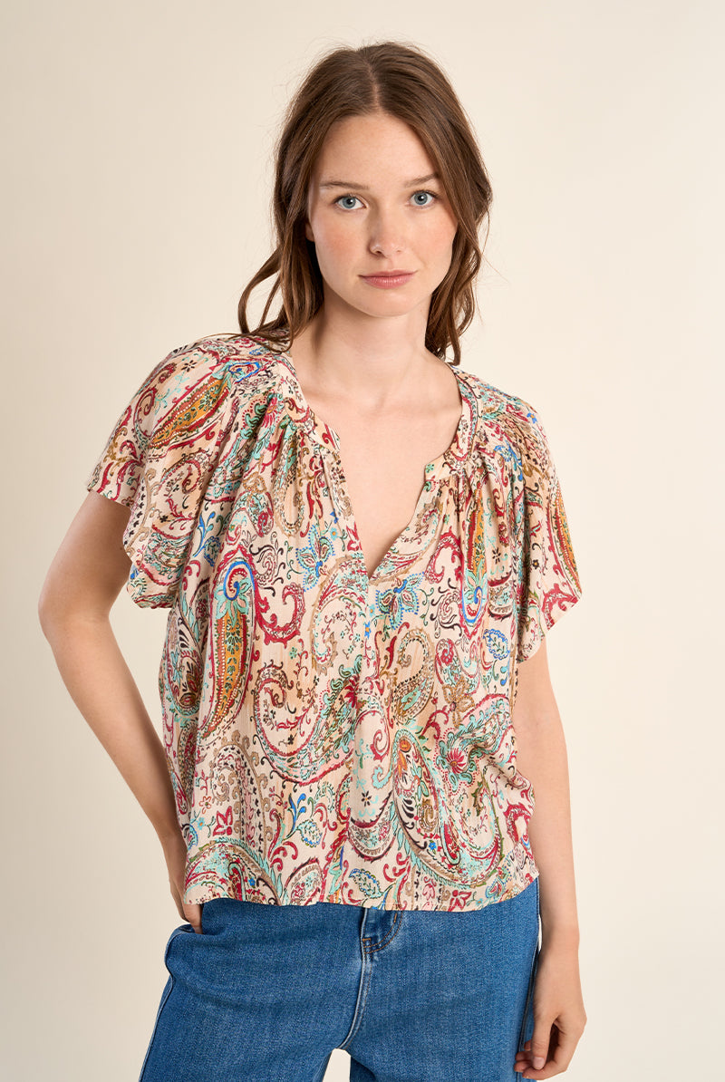 Molly Bracken Off-White Paola Paisley Flutter Sleeve Blouse-Tops-Molly Bracken-Deja Nu Boutique, Women's Fashion Boutique in Lampasas, Texas