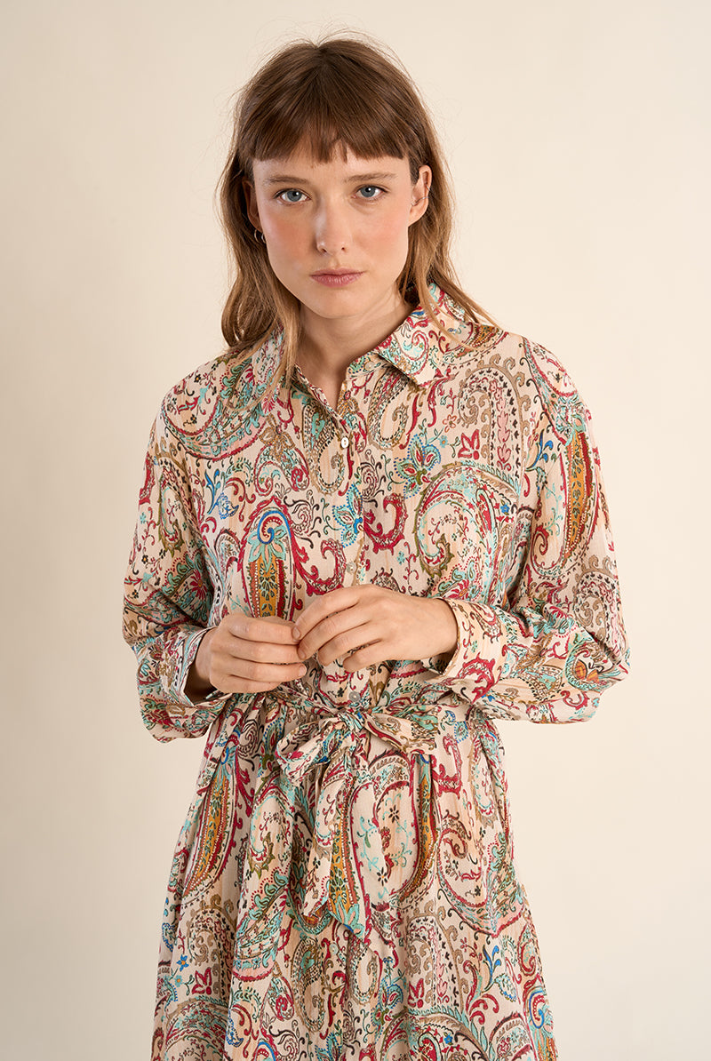 Molly Bracken Off-White Paola Paisley Shirt Dress-Dresses-Molly Bracken-Deja Nu Boutique, Women's Fashion Boutique in Lampasas, Texas
