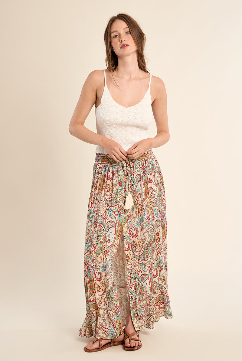Molly Bracken Off-White Paola Paisley Smocked Maxi Skirt-Skirts-Molly Bracken-Deja Nu Boutique, Women's Fashion Boutique in Lampasas, Texas