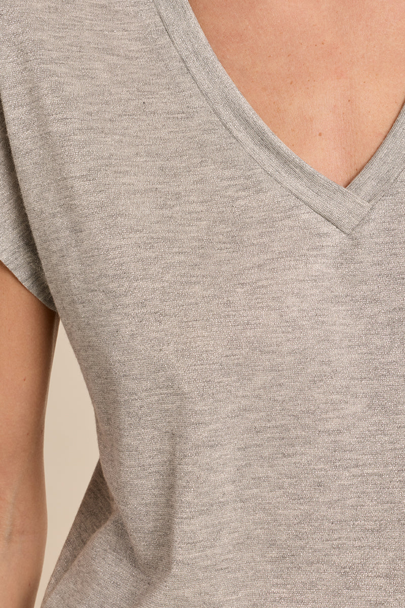 Molly Bracken Shimmer V-Neck Knit Tee in Beige & Silver-T-Shirts-Molly Bracken-Deja Nu Boutique, Women's Fashion Boutique in Lampasas, Texas