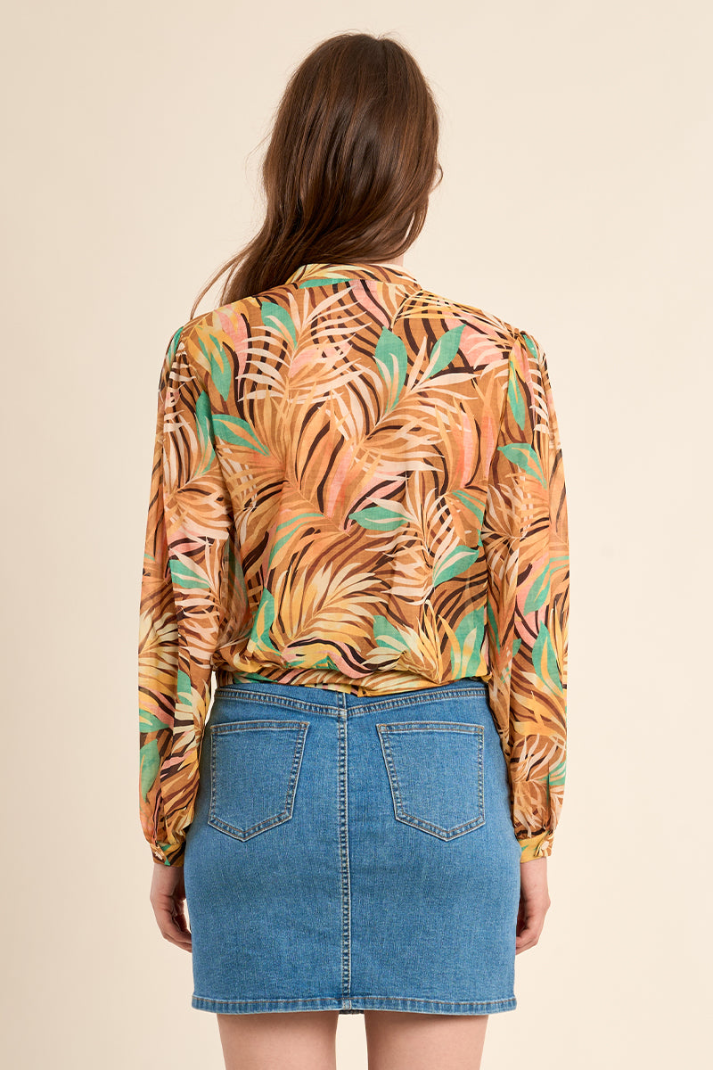 Molly Bracken Yellow Claudia Tropical Print Tie Waist Shirt-shirts-Molly Bracken-Deja Nu Boutique, Women's Fashion Boutique in Lampasas, Texas