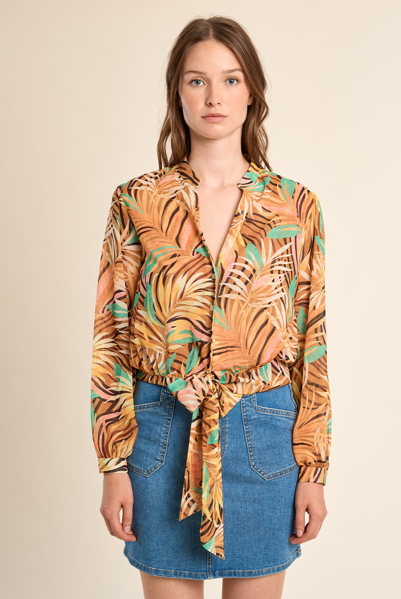 Molly Bracken Yellow Claudia Tropical Print Tie Waist Shirt-shirts-Molly Bracken-Deja Nu Boutique, Women's Fashion Boutique in Lampasas, Texas