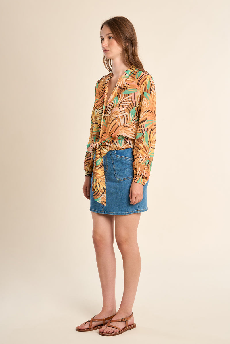 Molly Bracken Yellow Claudia Tropical Print Tie Waist Shirt-shirts-Molly Bracken-Deja Nu Boutique, Women's Fashion Boutique in Lampasas, Texas