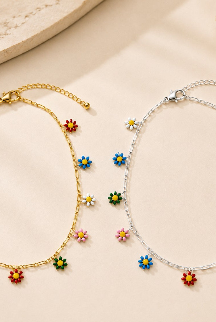 Multicolor Daisy Charm Anklet – Gold or Silver-Anklets-Deja Nu-Deja Nu Boutique, Women's Fashion Boutique in Lampasas, Texas
