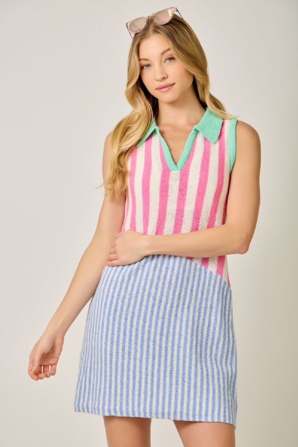 Mystree Mixed Stripe Color Block Dress in Pink and Blue-mini dress-Mystree-Deja Nu Boutique, Women's Fashion Boutique in Lampasas, Texas