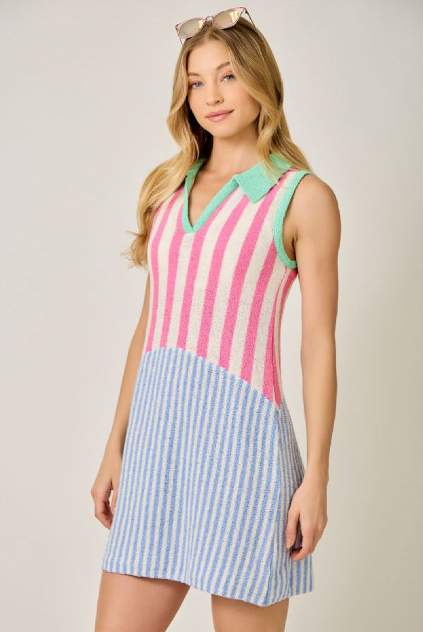 Mystree Mixed Stripe Color Block Dress in Pink and Blue-mini dress-Mystree-Deja Nu Boutique, Women's Fashion Boutique in Lampasas, Texas