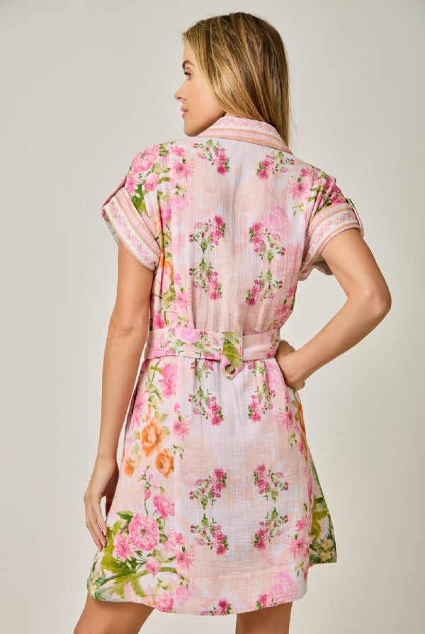 Mystree Tropical Floral Print Belted Shirt Dress in Rose Mix-mini dress-Mystree-Deja Nu Boutique, Women's Fashion Boutique in Lampasas, Texas