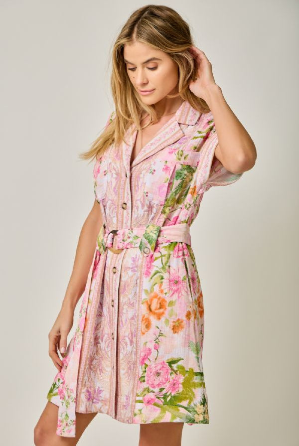 Mystree Tropical Floral Print Belted Shirt Dress in Rose Mix-mini dress-Mystree-Deja Nu Boutique, Women's Fashion Boutique in Lampasas, Texas