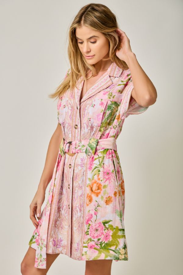 Mystree Tropical Floral Print Belted Shirt Dress in Rose Mix-mini dress-Mystree-Deja Nu Boutique, Women's Fashion Boutique in Lampasas, Texas