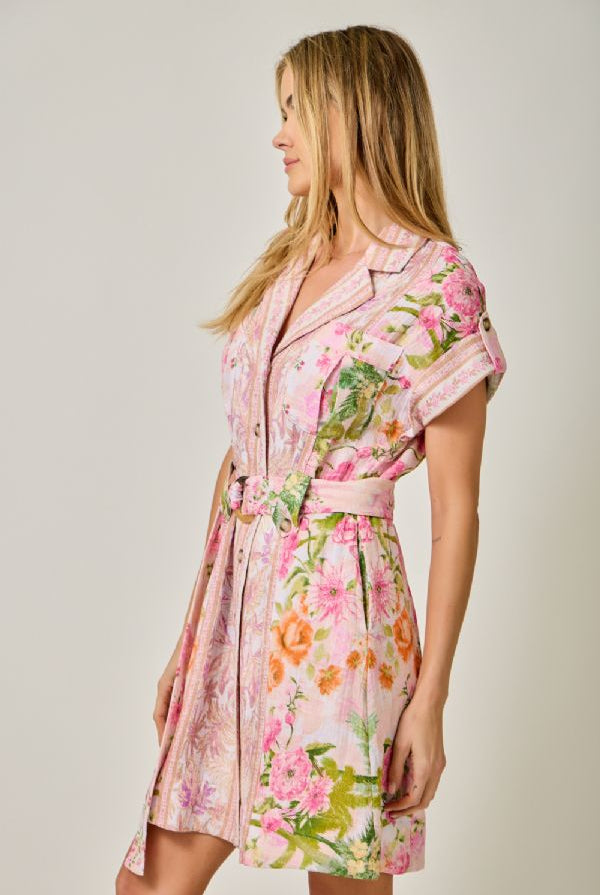 Mystree Tropical Floral Print Belted Shirt Dress in Rose Mix-mini dress-Mystree-Deja Nu Boutique, Women's Fashion Boutique in Lampasas, Texas