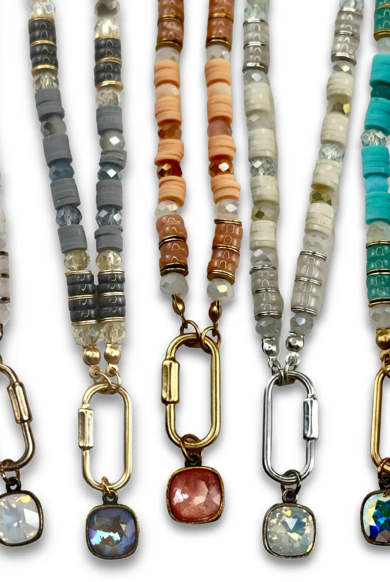 Pink Panache Gold paperclip chain and square glass bead necklace with Pink Austrian crystal-Necklaces-Pink Panache-Deja Nu Boutique, Women's Fashion Boutique in Lampasas, Texas