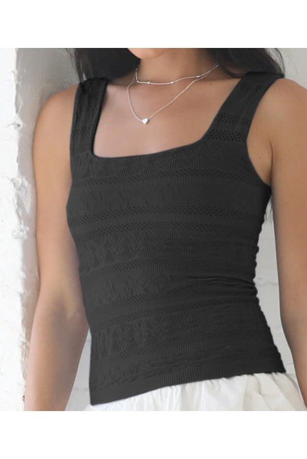 NIKIBIKI Black Lace Textured Seamless Square Neck Tank Top with Built-In Bra-Camis/Tanks-NIKIBIKI-Deja Nu Boutique, Women's Fashion Boutique in Lampasas, Texas