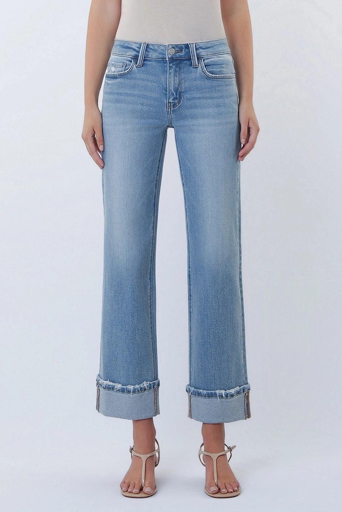 Lovervet by Vervet Mid Rise Medium Light Wash Cuffed Slim Wide Leg Jeans-Jeans-Lovervet by Vervet-Deja Nu Boutique, Women's Fashion Boutique in Lampasas, Texas