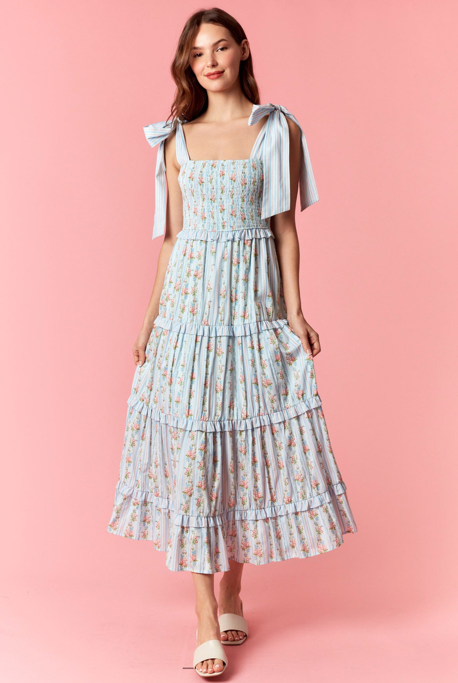 Peach Love Stripe & Floral Bow Tie Tiered Maxi Dress – Light Blue Multi-Maxi Dresses-Peach Love-Deja Nu Boutique, Women's Fashion Boutique in Lampasas, Texas