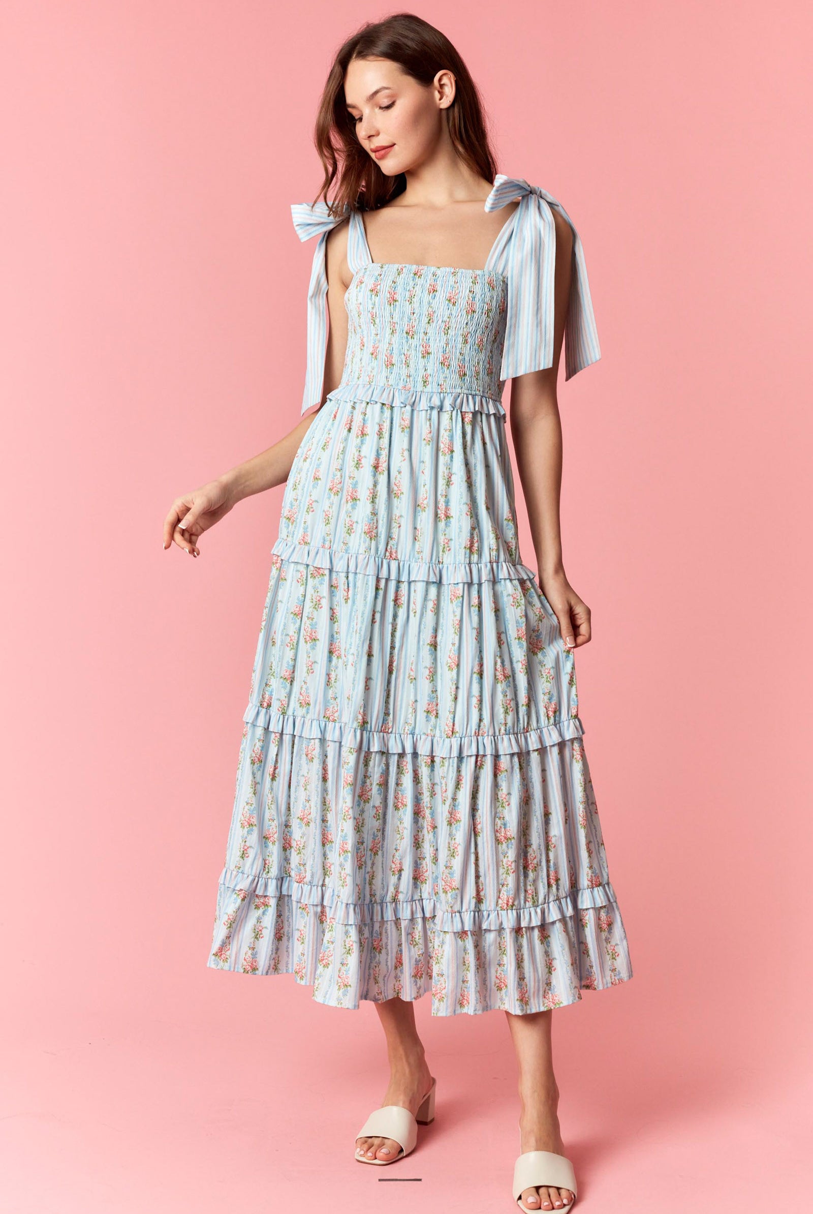 Peach Love Stripe & Floral Bow Tie Tiered Maxi Dress – Light Blue Multi-Maxi Dresses-Peach Love-Deja Nu Boutique, Women's Fashion Boutique in Lampasas, Texas
