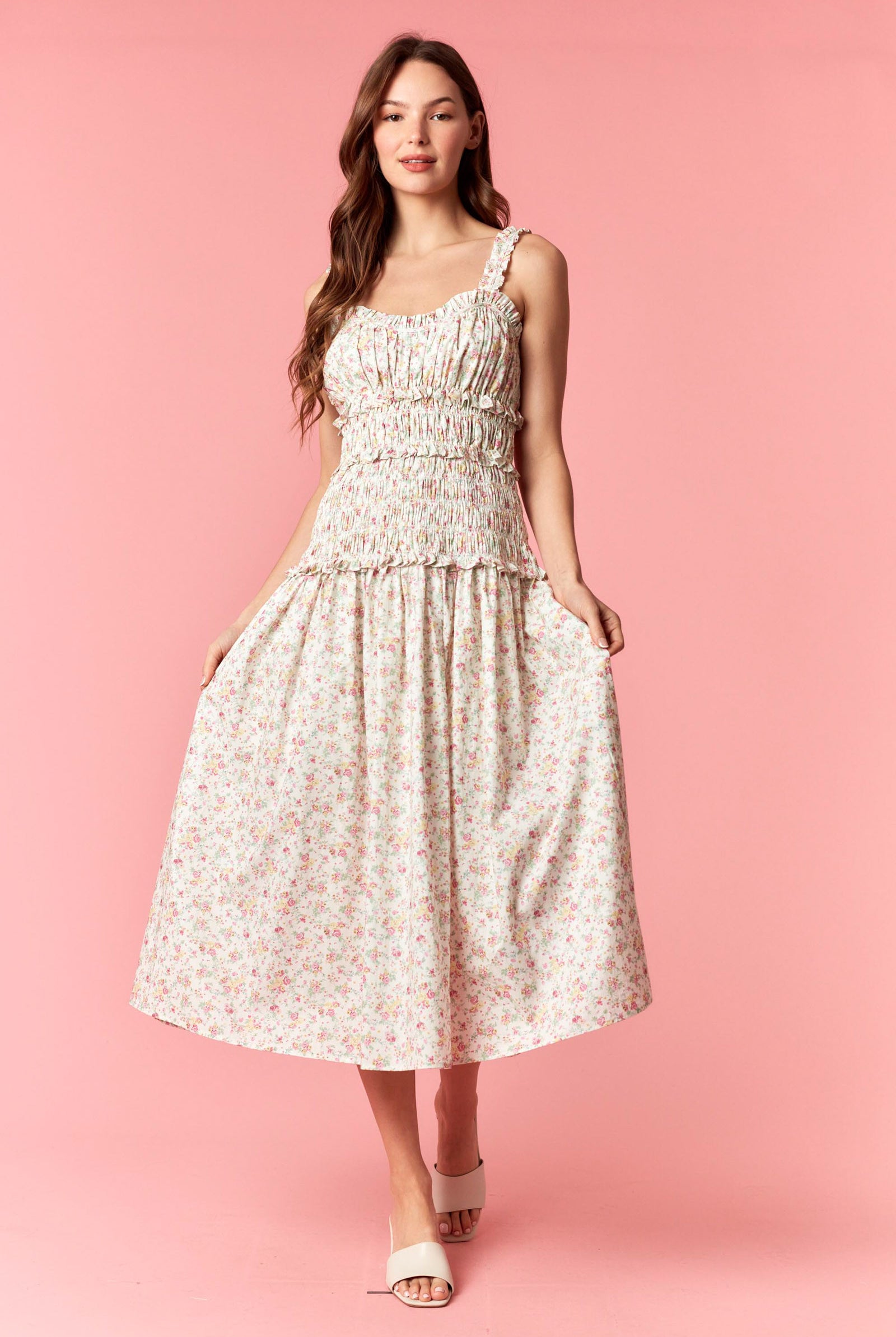 Peach Love Floral Shirred Ruffle Maxi Dress – Off White Pink-Maxi Dresses-Peach Love-Deja Nu Boutique, Women's Fashion Boutique in Lampasas, Texas