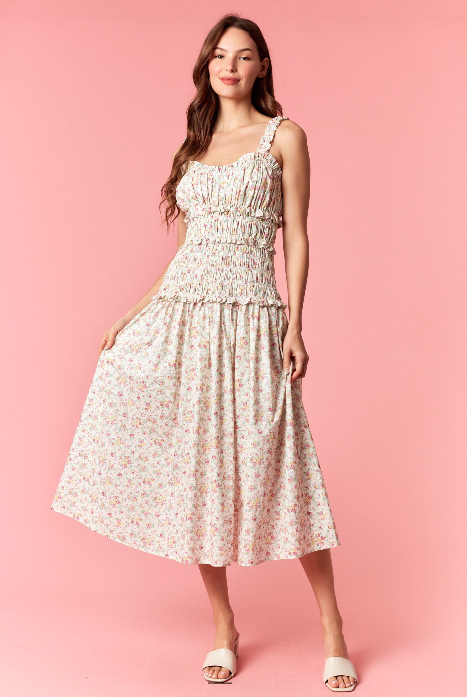 Peach Love Floral Shirred Ruffle Maxi Dress – Off White Pink-Maxi Dresses-Peach Love-Deja Nu Boutique, Women's Fashion Boutique in Lampasas, Texas