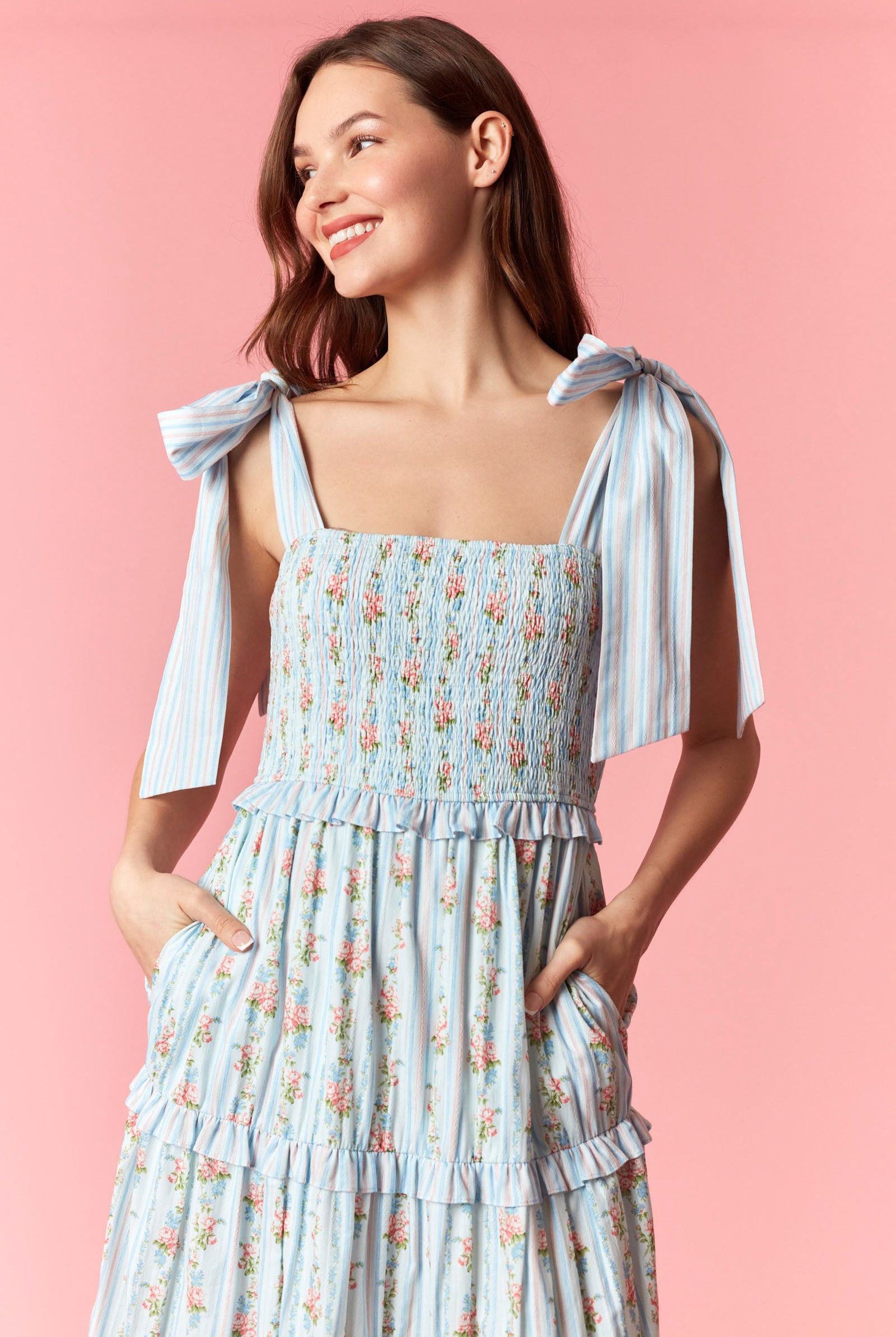 Peach Love Stripe & Floral Bow Tie Tiered Maxi Dress – Light Blue Multi-Maxi Dresses-Peach Love-Deja Nu Boutique, Women's Fashion Boutique in Lampasas, Texas