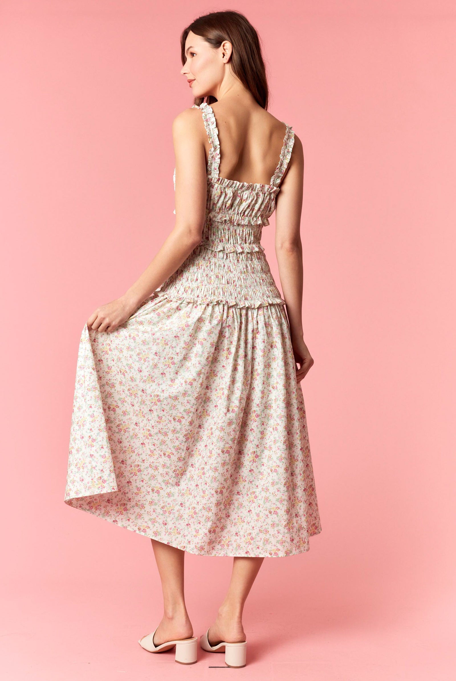 Peach Love Floral Shirred Ruffle Maxi Dress – Off White Pink-Maxi Dresses-Peach Love-Deja Nu Boutique, Women's Fashion Boutique in Lampasas, Texas