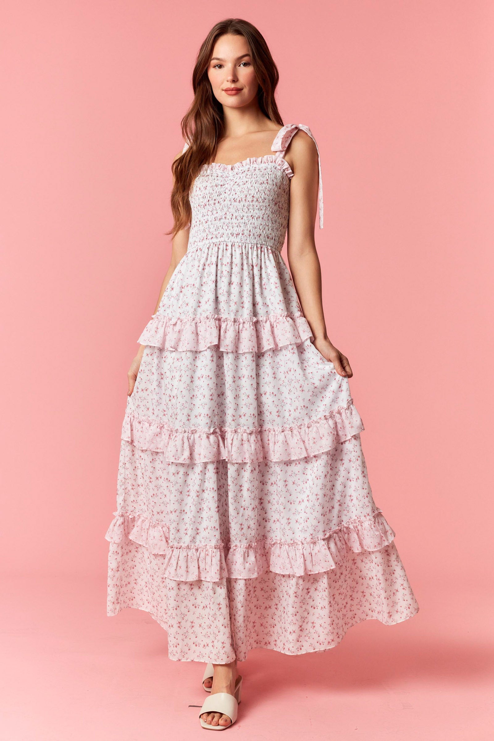 Peach Love Ditsy Floral Smocked Tiered Pink Maxi Dress-Maxi Dresses-Peach Love-Deja Nu Boutique, Women's Fashion Boutique in Lampasas, Texas